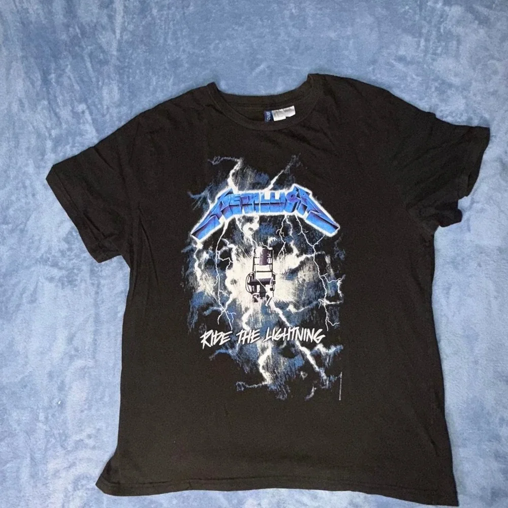 Metallica Ride The Lightning black t-shirt with blue lightning graphic